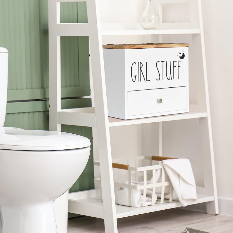 Ukonvi Tampon Holder for Bathroom Decor and Storage  Wood Feminine Product Organizer with Drawer and Lid  Pad and Tampon Organizer Bathroom Accessories Box for Tampon Storage  White Cotton Ball/Swab Holder - Image 3